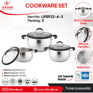 سرویس قابلمه 6 پارچه استیل لایف اسمایل مدل3_LIFEP22_6(سایز24/28/32)