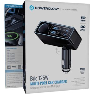 شارژر فندکی پاورولوژی مدل PWDA58BK ظرفیت ۱۲۵ وات ۵ پورت